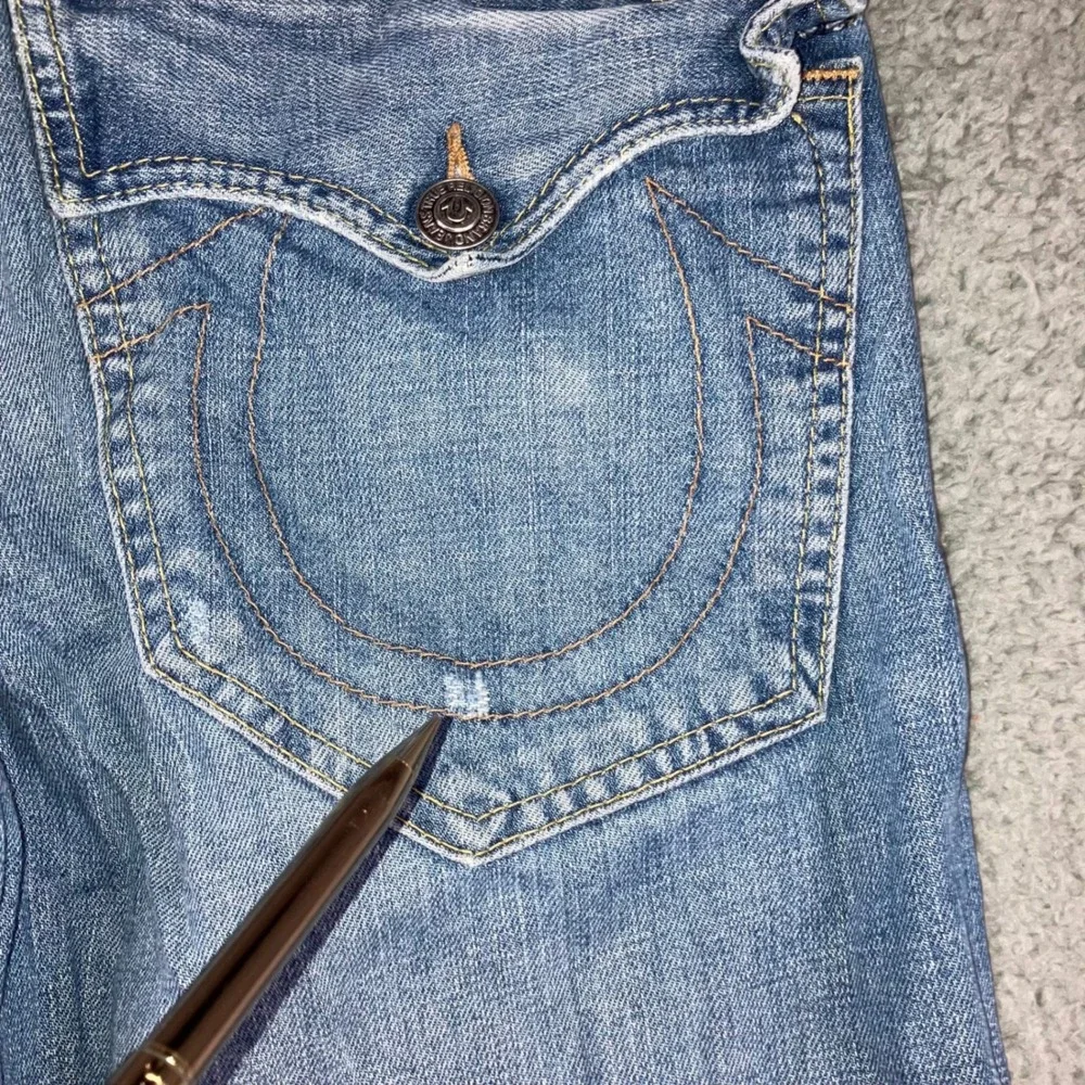 Vtg True Religion Slim Straight Jeans Men 34 Blue Flap Pocket Whiskered USA Made